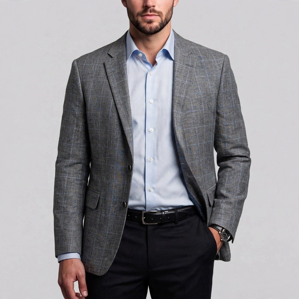 Joseph Abboud Sport Coat Mens Gray 44S Linen Wool Plaid Tailored Fit Blazer